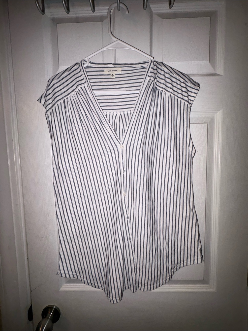 Max Studio White and Black Striped Sleeveless Button V-Neck Top
